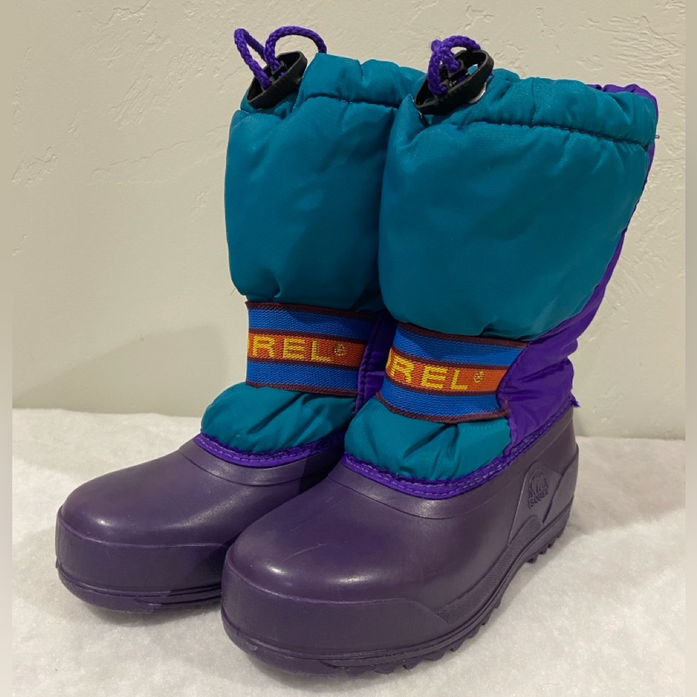 Sorel Retro Purple and Teal Pullon Cinch Closure Insulated Snow Boots US Size 1